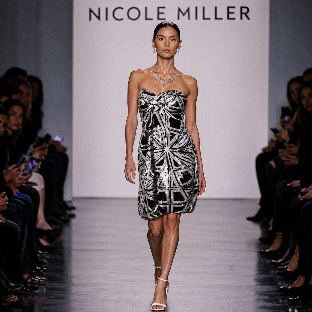 Nicole Miller Runway Metallic Geometric Strapless‎ Bubble Hem Cocktail Dress